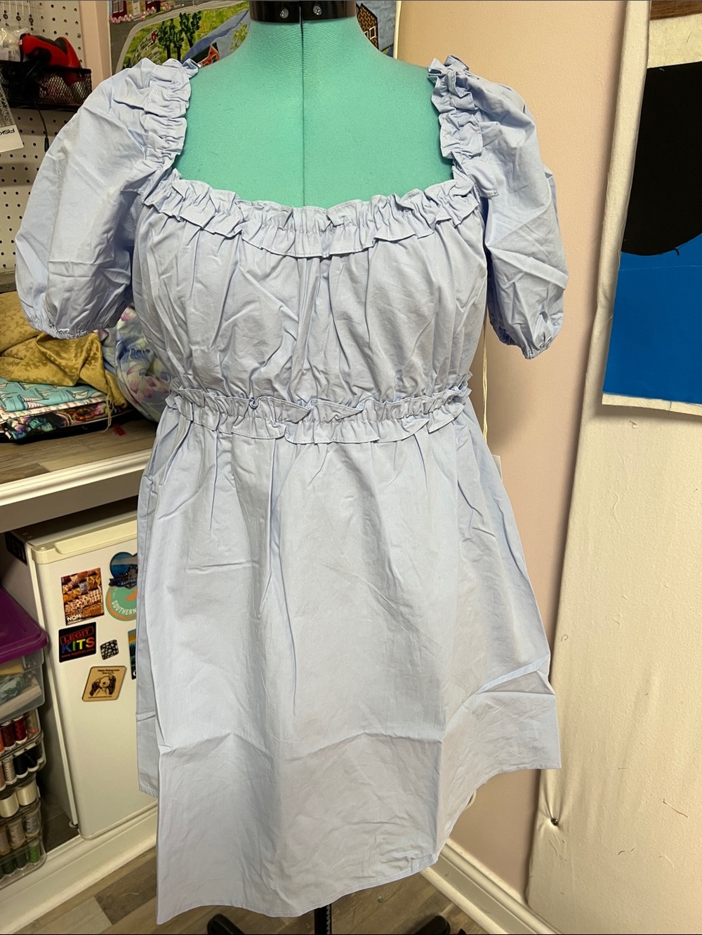 Lumiere Light Blue Puff-Sleeve Smocked Tunic Dress